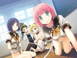 bondage collar female hirasaka_yuuri honjou_masato izumi_kaname kohinata_hinata love_lab_-choukyou_nante_kyoumi_no_nakatta_ore_to_kanojo_no_houkago_sm_laboratory- mashima_saki multiple_girls no_panties rope uniform yuri