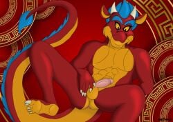 anthro anus asian_mythology blue_hair chinese_mythology chinese_zodiac ciel-wolf dragon east_asian_mythology eastern_dragon facial_hair genitals hair horn long_tail male moustache muscular muscular_anthro muscular_male mythological_creature mythological_scalie mythology penis red_body scalie solo tail yellow_body