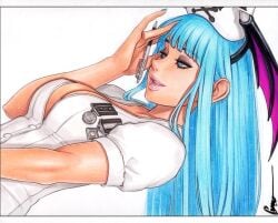 1girls blue_eyes blue_hair large_breasts lipstick morrigan_aensland nurse omar_dogan wings_on_head