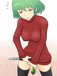 black_legwear blush breasts drooling female green_hair hikage_(senran_kagura) knife large_breasts looking_at_another looking_at_viewer masturbation pussy_juice pussy_juice_trail ribbed_sweater scroll scroll_in_pussy scroll_inside senran_kagura senran_kagura_shinovi_versus short_hair simple_background slit_pupils snake_eyes solo standing stockings sweatdrop sweater sweater_dress sweater_lift thighhighs weapon white_background yellow_eyes zettai_ryouiki