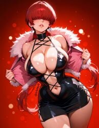 ai_generated beautiful beautiful_females cleavage divine_beauty dress earrings fashion fashion_model female_focus fr34ky goddess hair_over_eyes huge_breasts king_of_fighters latex lipstick navel redhead_female revealing_clothes seductive sexy shermie_(kof) snk thick_thighs undressing video_game video_game_character video_game_franchise voluptuous voluptuous_female wide_hips