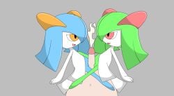 blue_hair cumshot green_hair kirlia orange_eyes pink_eyes pokemon shy_expression shy_smile smile white_fur