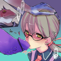 blush censored cravat female glasses hair_ribbon hand_on_another's_head large_penis long_hair nagisa_(reizoku_ichiba) penis penis_on_face pointless_censoring ponytail reizoku_ichiba ribbon silver_hair solo_focus terui_hijiri thought_bubble tied_hair yellow_eyes