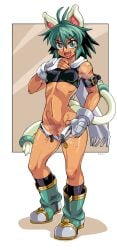 animal_ears antenna_hair beryl_(shinrabanshou) black_socks boots breasts cat_ears cat_tail censored cleft_of_venus clothes_pull commentary_request covered_nipples crop_top dark-skinned_female dark_skin female fingerless_gloves full_body gloves green_eyes green_hair hand_on_own_hip highres kanriken large_variant_set looking_at_viewer micro_shorts mosaic_censoring multiple_tails navel oerba_yun_fang open_fly open_mouth paid_reward_available pussy pussy_peek scarf shinrabanshou short_hair shorts shorts_pull small_breasts smile socks solo standing steaming_body sweat tail thighs two_tails v-shaped_eyebrows variant_set white_gloves white_scarf white_shorts