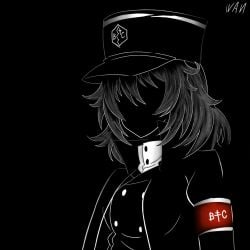 andou_(girls_und_panzer) armband black_background black_outfit faceless girls_und_panzer hat highres military_uniform noir non-web_source not_porn peaked_cap