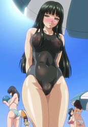 2009 big_ass black_mizugi black_swimsuit blush breasts cleft_of_venus erect_nipples green_hair hime_cut large_breasts mizugi mizugi_kanojo ms_pictures nipples nipples_visible_through_clothing one-piece_swimsuit pussy_visible_through_clothes pussy_visible_through_swimsuit sayaka_(mizugi_kanojo) screencap screenshot skindentation swimsuit t-rex_(animation_studio) thick_thighs thin_waist wide_hips