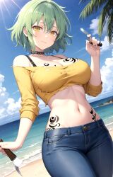 1girl ai_generated ai_hands bare_shoulders beach black_choker blue_pants blue_sky blush bodypaint bra_strap breast_tattoo breasts choker cleavage closed_mouth cloud collarbone cowboy_shot crop_top day denim dutch_angle female green_hair hair_between_eyes hand_up hikage_(senran_kagura) holding holding_knife horizon jeans knife large_breasts linea_alba long_sleeves looking_at_viewer midriff navel ocean off-shoulder_shirt off_shoulder outdoors palm_leaf palm_tree pants pixiv rena_aikawa_(pixiv_user) sand senran_kagura senran_kagura_(series) shirt short_hair sky slit_pupils smile solo stable_diffusion standing stomach stomach_tattoo sun sunlight tagme tattoo thighs torn_clothes torn_pants torn_shirt tree underboob water weapon yellow_eyes yellow_shirt