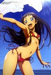 1girls :d absurdres ahoge arm_up armpits bikini black_hair blue_eyes blue_sky blush_stickers breasts copyright_name copyright_notice dark-skinned_female dark_skin day dress dress_shirt floral_print_bikini from_below groin highres horizon itagaki_shin kyan_hina long_hair looking_at_viewer looking_down magazine_scan megami_magazine navel ocean oerba_yun_fang official_art okinawa_de_suki_ni_natta_ko_ga_hougen_sugite_tsurasugiru open_mouth outdoors red_bikini scan shiny_skin shirt side-tie_bikini_bottom sidelocks sky small_breasts smile solo standing stomach sunlight swimsuit teeth unworn_shirt upper_teeth_only white_dress white_shirt