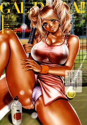 ball blonde_hair blush bottle breasts brown_eyes covered_nipples female fingernails gal_dolva!! highres lips long_hair looking_at_viewer panties racket skirt smile solo sportswear tabe_koji tennis tennis_ball tennis_racket tennis_uniform tied_hair twintails underwear wet wet_panties