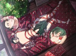 2girls 69 artntai barefoot bed bedroom black_eyes black_hair bound candy_stick christmas_tree citrus_(saburouta) commission completely_nude day doormat english_commentary feet gloves green_eyes green_hair highres incest indoors long_hair merry_christmas mother_and_daughter multiple_girls nude object_insertion pussy ribbon ribbon_bondage saliva santa_gloves shiraho_suzuran shiraho_suzuran's_mother soles sunlight toes tongue vaginal_object_insertion vaginal_penetration window wooden_floor yuri