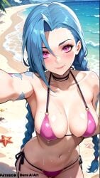 1girls ai_generated arcane beach blue_hair dans_ai female jinx_(league_of_legends) league_of_legends pink_eyes selfie small_breasts