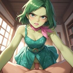 ai ai_generated anal anal_sex anal_sex angry_expression anime anime_style bookshelf cleavage detailed_shading female female green_dress green_eyes green_hair indoors male_pov medium_breasts missionary_position penetration pink_scarf sexual_intercourse short_hair soft_lighting uncensored window