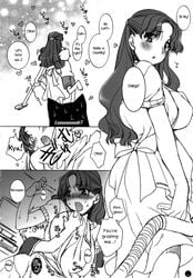 apron bishoujo_senshi_sailor_moon blush breast breast_grab breasts cleaning clothing comic dialogue doujinshi erect_nipples from_behind groping groping_from_behind groping_through_clothes hands huge_breasts ikuko_tsukino incest large_breasts long_hair milf mom monochrome mother_and_son open_mouth reach_around shingo_tsukino shorts sumeragi_kohaku text