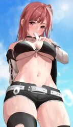 1girls belt big_breasts bikini_top blush breasts choker dead_or_alive female female_only hoki1314 honoka_(doa) jacket open_clothes open_jacket outdoors pink_eyes pink_hair popsicle ripped_clothing shorts sky solo standing thighhighs torn_clothes torn_legwear underboob wet