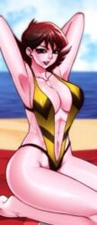 1girls abs avengers beach female female_only jadenkaiba janet_van_dyne lipstick marvel marvel_comics one-piece_swimsuit red_hair short_hair sling_bikini solo swimsuit tagme the_avengers:_earth's_mightiest_heroes thick_thighs wasp_(earth's_mightiest_heroes) wasp_(marvel)