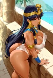 ai_generated arm_support big_breasts black_hair brown_eyes covered_nipples crown egypt egyptian egyptian_clothing egyptian_collar egyptian_female female female_focus from_above from_side huge_breasts jagat_ai large_breasts leaning_forward nipple_bulge nipples_visible_through_clothing ocean original original_character revealing_clothes smile solo solo_female solo_focus tube_top