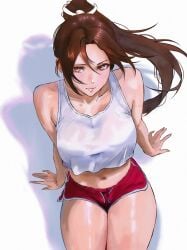 1girls big_ass brown_eyes brown_hair casual casual_clothes insomn_bion king_of_fighters light-skinned_female light_skin looking_at_viewer mai_shiranui ponytail shorts sitting solo_female solo_focus tank_top thick thick_thighs