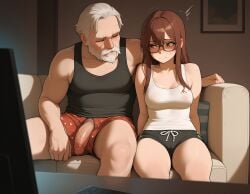 ai_generated big_penis blush embarrassed embarrassed_female exposed_penis flaccid flaccid_cock flaccid_penis glasses grandpa grandpa_and_granddaughter grandparent grandparent_and_grandchild medium_breasts old_man older_male sitting_on_lap sitting_on_person teen teen_girl teenage_girl teenager