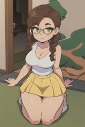 1girls brown_hair cleavage female female_focus glasses green_eyes juanaflippa_(qsmp) long_hair mcyt minecraft minecraft_youtubers pixai qsmp qsmp_eggs skirt teenager thighs twitch.tv white_shirt yellow_skirt youtube youtubers