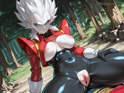 1girl ai_generated armor big_breasts black_bodysuit black_gloves blue_eyes bodysuit bodysuit_under_clothes breasts breasts_out colored_skin dragon_ball dragon_ball_heroes dragon_ball_z exposed_breasts exposed_pussy female female_focus female_only female_vegeta forest_background genderswap_(mtf) jacket jscammie kamin no_irises no_pupils non_canon pale_skin possessed possession pussy red_armor red_jacket rule_63 solo solo_female solo_focus strongest_form_2 tagme tsufur tuffle tuffleization vegeta watermark white_skin white_wrist_cuffs