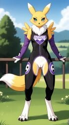 1girls 2025 ai_generated anthro black_sclera blue_eyes blushing crotchless curvy_figure detached_sleeves digimon digimon_(species) digitigrade female female_only hi_res innie_pussy jumpsuit looking_at_viewer mostly_clothed outdoors pussy renamon smile smirk white_fur yellow_fur