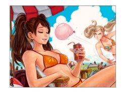 2girls angry ann_takamaki beach beach_chair beach_umbrella bikini blonde_hair blue_eyes breasts brown_hair can closed_eyes drink_can earrings feet_out_of_frame floral_print hair_ornament hairclip halterneck holding holding_can jewelry kujikawa_rise large_breasts long_hair looking_at_another medium_breasts multiple_girls multiple_others nail_polish omar_dogan orange_bikini outdoors persona persona_4 persona_5 pink_nails print_bikini sitting soda_can speed_lines swimsuit throwing twintails umbrella water_balloon