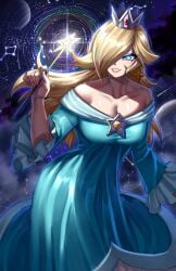 1girls absurdres aqua_dress aura bare_shoulders blonde_hair blue_aura blue_eyes breasts brooch casting_spell cleavage collarbone crown dress earrings female gem grin hair_flaps hair_over_one_eye highres holding holding_wand jewelry large_breasts long_dress long_hair looking_at_viewer magic mario_(series) mini_crown night_sky off-shoulder_dress off_shoulder one_eye_closed parted_lips pink_lips puffy_sleeves rageman709 revision rosalina smile solo star_(symbol) star_wand teeth v-shaped_eyebrows very_long_hair wand