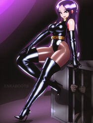 1boy 2d boots breasts cage dominatrix elbow_gloves enkaboots female femdom gloves latex leather original pantyhose purple_eyes purple_hair thigh_boots