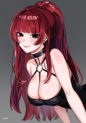 1girls bare_shoulders black_choker black_dress black_eyes blush breasts choker dress ear_piercing from_side grey_background highres large_breasts long_hair looking_at_viewer mole mole_under_mouth no_pupils o-ring o-ring_top original piercing ponytail red_hair sakichka smile solo spiked_choker spikes twitter_username upper_body yume_(ms._tsu)