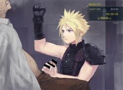 2boys after_fellatio arm_up armor bar_censor black_gloves black_shirt blonde_hair blue_eyes brown_pants censored cloud_strife collared_shirt cum cum_on_body cum_on_hands cum_on_penis cum_string earrings english_text facial final_fantasy final_fantasy_vii final_fantasy_vii_remake gameplay_mechanics gay gloves hatomugi_gohan head_out_of_frame highres jewelry looking_at_another male_focus male_pubic_hair multiple_boys open_clothes open_pants open_shirt pants pauldrons penis piercing pubic_hair shirt shoulder_armor single_bare_shoulder single_glove single_pauldron solo_focus stud_earrings suspenders turtleneck white_shirt yaoi