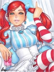 1girls blue_eyes drink earrings omar_dogan open_mouth pinkie_out red_hair stockings wendy_thomas