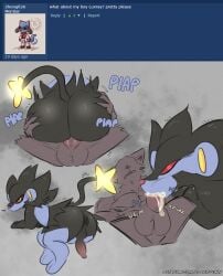 absurd_res anal anal_sex anthro anus ass balls big_butt black_body black_fur bodily_fluids cum cum_inside duo erection felid fellatio femboy feral fur generation_4_pokemon genital_fluids genitals hi_res huge_butt luxray male male/male male_penetrated male_penetrating male_penetrating_male mammal nintendo nude oral penetration penile penis pokemon pokemon_(species) rareplushy sex simple_background tail text thick_thighs