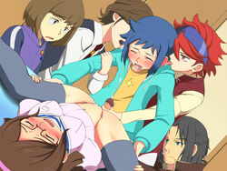 5boys bisexual black_hair blue_hair blush brown_eyes brown_hair censored closed_eyes cum embarrassed female glasses green_eyes gundam gundam_build_fighters handjob iori_sei kousaka_china licking nosebleed orange_eyes pant penis red_hair reiji_(gundam_bf) ricardo_fellini sazaki_susumu spread_legs tears tongue yaoi