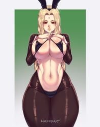 1girls big_breasts black_bunnysuit blonde_hair breasts brown_eyes bunny_ears cleavage fake_animal_ears female female_only forehead_jewel hair hips huge_breasts lips luchidart mature mature_female mature_woman milf naruto naruto_(series) reverse_bunnysuit solo solo_female thighs tsunade wide_hips