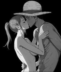 ai_generated big_breasts couple curvy_body curvy_female edit kissing monkey_d_luffy muscular_male nami nude one_piece scar straw_hat wide_hips