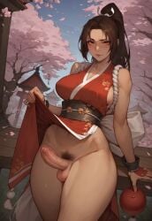 ai_generated erection erikochan futanari lifting_clothing lifting_own_clothes mai_shiranui partially_clothed precum