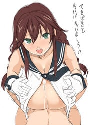 blush breast_grab breasts brown_hair cleavage cum cum_on_breasts cumdrip female gloves green_eyes huge_breasts kantai_collection kloah long_hair looking_at_viewer male noshiro_(kantai_collection) paizuri pov school_uniform straight text translation_request