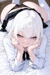 "artist:*redsheep657" 1girls ai_generated bed bedroom big_ass black_panties blue_eyes high_resolution original_character redsheep657 school_uniform schoolgirl shirt skirt skirt_up smile smiling_at_viewer tagme white_hair