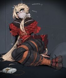 ameng azur_lane blonde_hair blonde_hair blue_eyes bondage bondage crying dressed gagged howe_(azur_lane) inmate light_skin long_hair no_text one_girl seated solo_female white_skin