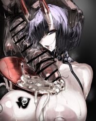 1boy alternate_breast_size bar_censor bob_cut breasts censored chest_tattoo commentary_request cum cup dark-skinned_male dark_skin erection eyeliner fate/grand_order fate_(series) female hand_on_another's_head highres holding holding_cup horns interracial large_breasts lipstick_mark lipstick_mark_on_penis maabo_harusame makeup male_pubic_hair nipples oerba_yun_fang oni open_mouth penis penis_on_face pubic_hair purple_eyes purple_hair queen_of_spades_symbol sakazuki short_eyebrows short_hair shuten_douji_(fate) skin-covered_horns slit_pupils steaming_body stray_pubic_hair tattoo testicles veins veiny_penis