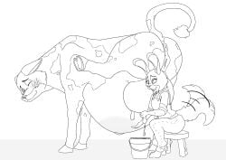 absurd_res anthro belly big_belly blush bodily_fluids bovid bovine breast_milking canid canine cattle disney duo farmer farmgirl female female/female feral fox gynomorph happy hi_res intersex judy_hopps lactating lagomorph leporid mammal mrripper338 mtf_crossgender nick_wilde rabbit rule_63 transformation zootopia