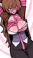 @_@ absurdres blue_vest breasts brown_hair collared_shirt commentary_request drooling female genderswap_(mtf) highres hindley_(project_moon) jacket korean_commentary large_breasts limbus_company long_hair messy_hair one_eye_covered open_clothes open_jacket open_shirt pants pink_eyes pink_shoes_(project_moon) project_moon rule_63 shirt simple_background smile solo striped_clothes striped_jacket sweat ttaldallu vertical-striped_clothes vertical-striped_jacket very_sweaty vest white_background white_shirt