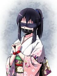 black_hair black_tape blindfold bondage bound_wrists character_request female gag gagged kimono rope sakuraba_tsukasa source_request tape_gag taped_mouth tied