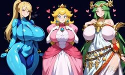 3girls ai_generated big_breasts blonde_hair bodysuit breath crown daidouji_(artist) daidoujipv dress green_hair heart huge_breasts kid_icarus licking licking_lips long_hair looking_at_viewer mario_(series) metroid multiple_girls nintendo palutena ponytail princess_peach samus_aran venus_body wide_hips