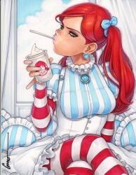 blue_eyes earrings freckles ice_cream light_skin pink_lipstick pinkie_out red_hair spoon wendy_thomas