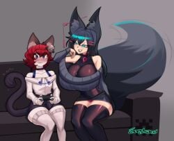 1boy 1girls 2025 2d 2d_(artwork) animal_humanoid big_breasts blue_eyes blush breasts catboy duo ear_accessory feline_humanoid female femboy femboysub femdom fox_girl hair_accessory imminent_sex indie_virtual_youtuber japanese_clothing joeydrawss kiri_(sub-res) kitsune kitsune_girl light-skinned_female light-skinned_male light_skin male male/female pale-skinned_femboy pale-skinned_male pale_skin red_hair sen_(gingersid) thighhighs virtual_youtuber