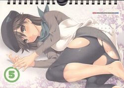 barefoot blush brown_eyes brown_hair calendar_(medium) calendar_pinup cle_masahiro clothing female fingernails hair_between_eyes hat legs long_hair long_sleeves looking_at_viewer lying neon_genesis_evangelion on_side pussy_juice rebuild_of_evangelion sakura_suzuhara scarf shiny shiny_skin simple_background skin_tight skindentation solo sweat thighs torn_clothes