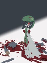 1boy absurdres arms_at_sides artist_name back bisected blood blood_on_face blood_on_hands bob_cut colored_skin commentary_request corpse dismemberment female from_behind full_body gardevoir green_hair green_skin guro hair_over_one_eye highres hime_takeo kitchen_knife looking_at_viewer looking_back male_ryona multicolored_skin nintendo not_porn one_eye_covered pokemon pokemon_(creature) pool_of_blood red_eyes short_hair signature solo_focus standing textless_version two-tone_background two-tone_skin white_skin yandere