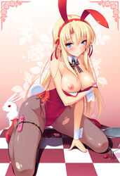 animal_ears arm_support black_legwear blonde_hair blue_eyes blush breast_hold breasts bunny bunny_ears bunny_girl bunny_tail bunnysuit checkered checkered_floor cherry cleavage cygnus detached_collar dress_pull egg_vibrator fake_animal_ears female food fruit kneeling large_breasts long_hair looking_at_viewer martini_glass nipples original pantyhose parted_lips pussy_juice pussy_juice_puddle pussy_juice_trail revision solo spill spread_legs tail torn_clothes torn_pantyhose tray vibrator wrist_cuffs