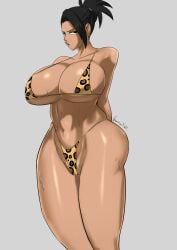 1girls big_breasts bikini black_eyes black_hair breasts_bigger_than_head dark-skinned_female dark_skin dragon_ball dragon_ball_super earrings hands_behind_back huge_breasts kale leopard leopard_print leopard_print_bikini looking_at_viewer micro_bikini mini_bikini ponytail saiyan saiyan_girl simple_background sweat sweatdrop sweating thick_thighs top_heavy venomarts00 voluptuous voluptuous_female wide_hips